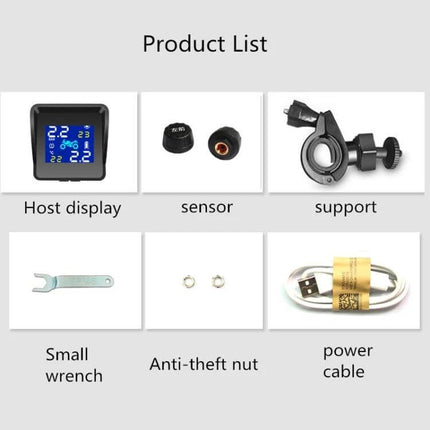 Universal Wireless Solar-Powered Motorcycle Tire Pressure Monitor showing host display, sensors, mount, wrench, anti-theft nuts and power cable