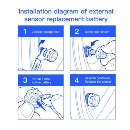 Universal Wireless Solar-Powered Motorcycle Tire Pressure Monitor installation diagram showing external sensor battery replacement steps