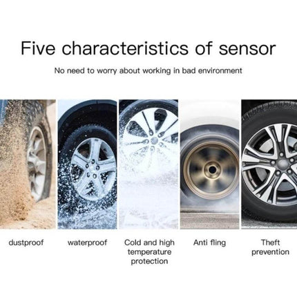 Universal Wireless Solar-Powered Motorcycle Tire Pressure Monitor showing five sensor characteristics: dustproof, waterproof, temperature protection, anti-fling, theft prevention