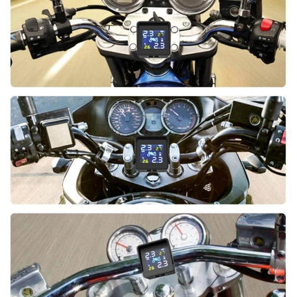 Universal Wireless Solar-Powered Motorcycle Tire Pressure Monitor mounted on motorcycle handlebars showing real-time pressure and temperature readings