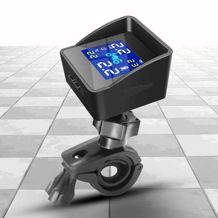 Universal Wireless Solar-Powered Motorcycle Tire Pressure Monitor mounted on motorcycle handlebar with digital display showing tire pressure and temperature