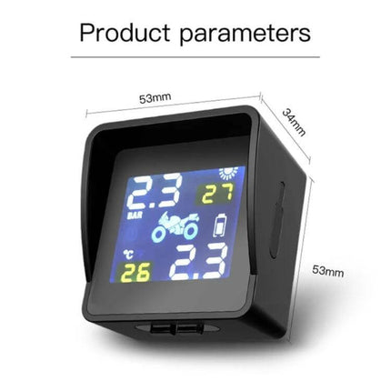 Universal Wireless Solar-Powered Motorcycle Tire Pressure Monitor digital display showing pressure and temperature readings for safe riding
