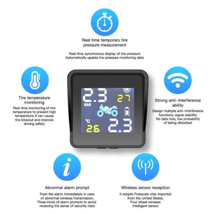 Universal Wireless Solar-Powered Motorcycle Tire Pressure Monitor digital display showing real-time pressure temperature and wireless alerts