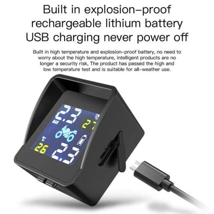 Universal Wireless Solar-Powered Motorcycle Tire Pressure Monitor digital display with USB charging and explosion-proof rechargeable battery