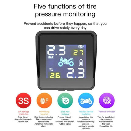 Universal Wireless Solar-Powered Motorcycle Tire Pressure Monitor display showing real-time pressure, temperature and alerts for safer riding