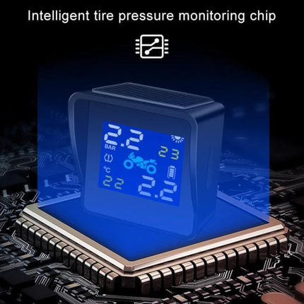 Universal Wireless Solar-Powered Motorcycle Tire Pressure Monitor digital display on circuit board showing tire pressure and temperature, solar-powered wireless sensor