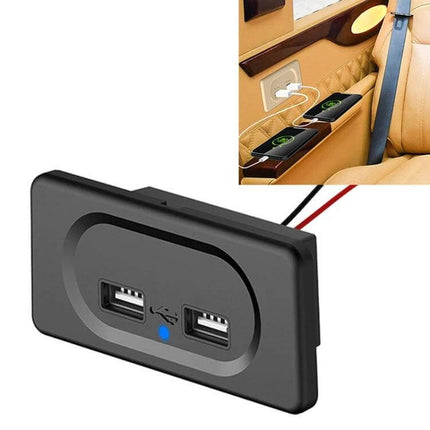 Compact Dual USB Car Charger For RV And Bus Charges Two Devices - black dual-port panel charger with blue indicator powering two phones in bus seating