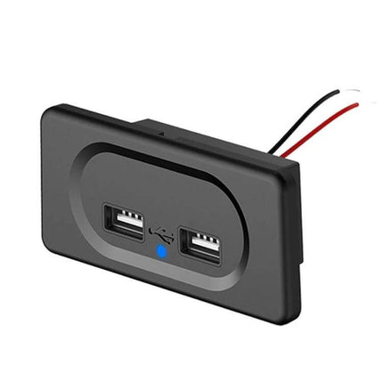 Compact Dual USB Car Charger For RV And Bus Charges Two Devices with scratch-resistant housing and blue power indicator, dual 4.8A USB ports