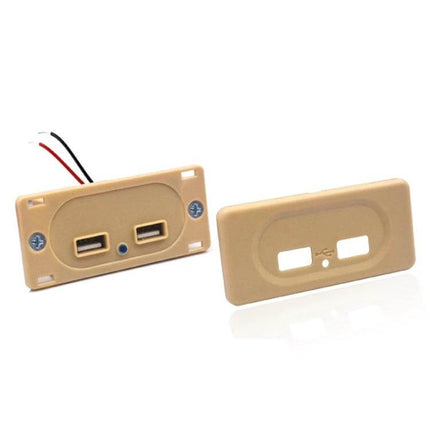 Compact Dual USB Car Charger For RV And Bus Charges Two Devices - beige dual USB panel with clear blue power indicator, scratch-resistant housing, 4.8A total output