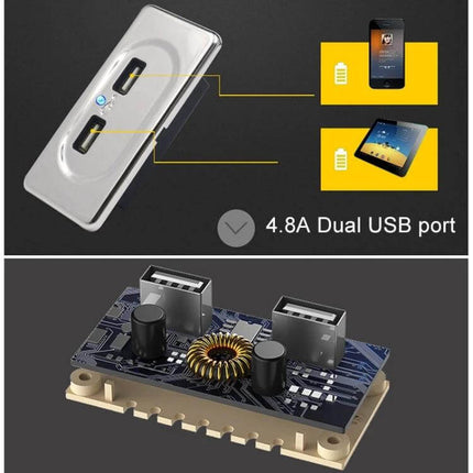 Compact Dual USB Car Charger For RV And Bus Charges Two Devices with scratch-resistant housing blue power indicator and 4.8A dual USB output
