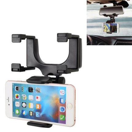 Universal 360 Degree Adjustable Car Rearview Mirror Mount for Phones securely holding smartphone for navigation and hands-free driving