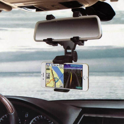 Universal 360 Degree Adjustable Car Rearview Mirror Mount for Phones securely holding phone for navigation and hands-free use in car