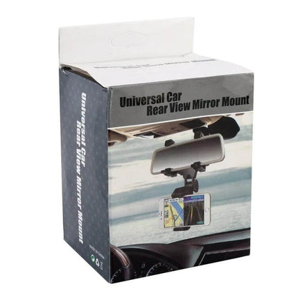 Universal 360 Degree Adjustable Car Rearview Mirror Mount for Phones - box showing mount attached to mirror holding phone for navigation