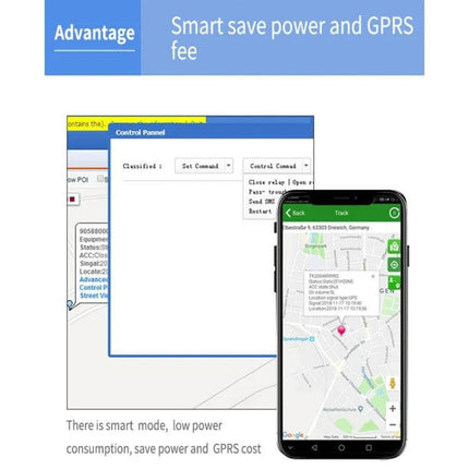 TK300 GPS Tracker for Vehicle Location and Security Monitoring - mobile app map view showing real-time AGPS tracking and low-power GPRS savings