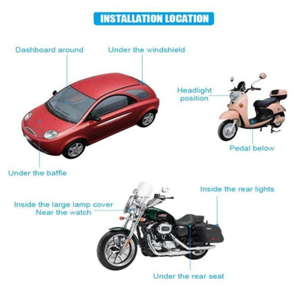 TK300 GPS Tracker for Vehicle Location and Security Monitoring - installation locations on car, scooter and motorcycle showing dashboard, under windshield, headlight, rear seat