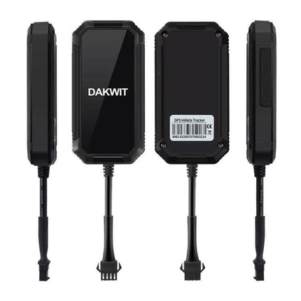 TK300 GPS Tracker for Vehicle Location and Security Monitoring - compact black DAKWIT-style GPS tracker showing front and back views with wiring cable