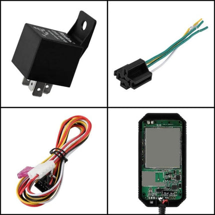 TK300 GPS Tracker for Vehicle Location and Security Monitoring compact device and wiring kit showing relay, connector, harness, and internal circuit board