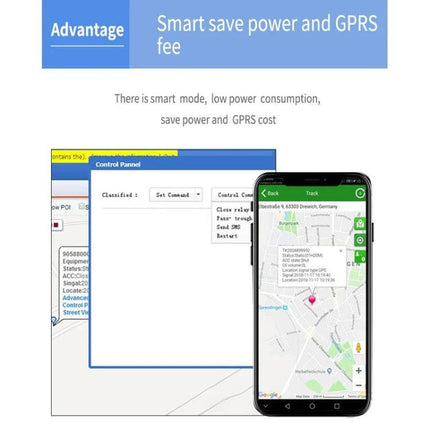 Strong Magnetic GPS Tracker for Real-Time Vehicle Monitoring - smartphone app map view showing live tracking and power-saving GPRS mode