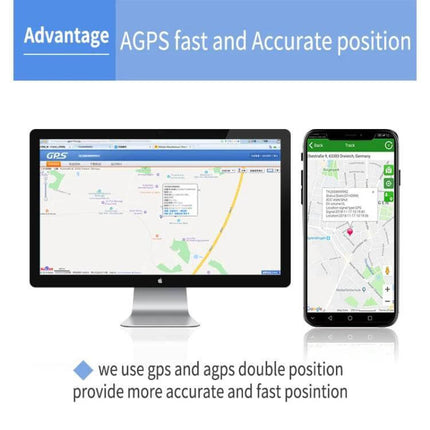 Strong Magnetic GPS Tracker for Real-Time Vehicle Monitoring showing desktop and mobile tracking interfaces with AGPS for fast, accurate positioning