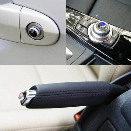 Crystal Diamond Sticker Set for Car Personalization, 6 Pieces shown on door handle, dashboard control knob and handbrake accent