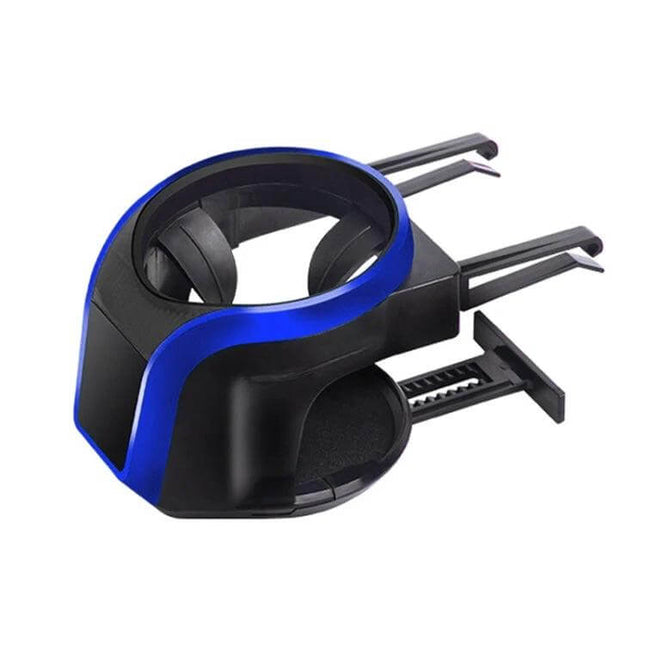 2-in-1 Magnetic Car Air Vent Holder for Phone and Cup mounted on vent holding phone and cup, black with blue trim, adjustable grip and slide bracket