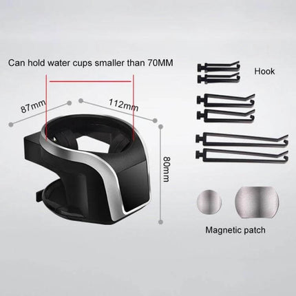 2-in-1 Magnetic Car Air Vent Holder for Phone and Cup showing dimensions 87x112x80mm hooks and magnetic patches
