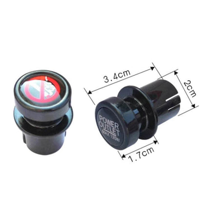 Protective Dust Cover for Car Cigarette Lighter Sockets, 2-Pack - black snap-in dust caps shown with dimensions and 'power outlet' label
