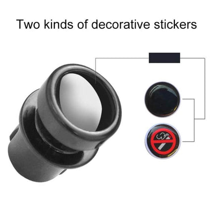 Protective Dust Cover for Car Cigarette Lighter Sockets, 2-Pack showing black plug and two decorative stickers protecting socket from dust