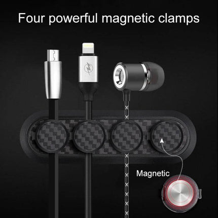 Carbon Fiber Magnetic Desk Cable Organizer for Storage - compact carbon fiber magnetic cable clamp holding multiple cords neatly