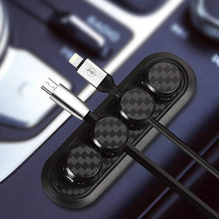 Carbon Fiber Magnetic Desk Cable Organizer for Storage with 4 magnetic carbon fiber textured clips organizing charging cables on desk
