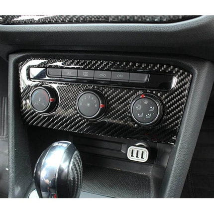 Carbon Fiber Decorative Sticker for Volkswagen Tiguan L Panel installed on center console trim showing AC controls and gear shifter