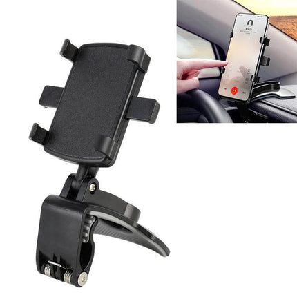 Universal Car Dashboard Mobile Phone Holder with Adjustable Angle - black clip-on mount holding smartphone for hands-free navigation