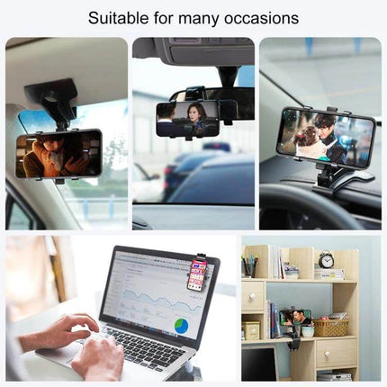 Universal Car Dashboard Mobile Phone Holder with Adjustable Angle mounted on car visor, windshield, dashboard and home desk for hands-free navigation and calls