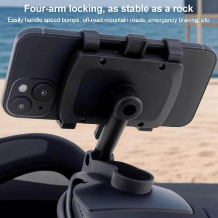 Universal Car Dashboard Mobile Phone Holder with Adjustable Angle showing four-arm locking mount holding phone on dashboard for hands-free navigation