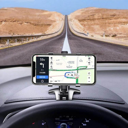 Universal Car Dashboard Mobile Phone Holder with Adjustable Angle mounted on dashboard holding phone in landscape for navigation while driving