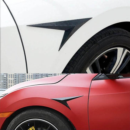 Carbon Fiber Decorative Sticker for Honda 10th Generation Civic Fenders applied to white and red Civic fenders showing carbon fiber texture and easy installation