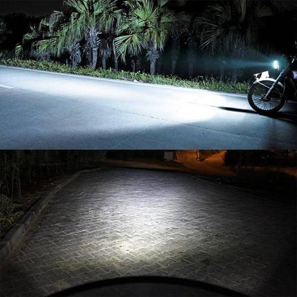 White LED Headlight for Motorcycles with Everyday Riding Illumination shining bright beam on road at night