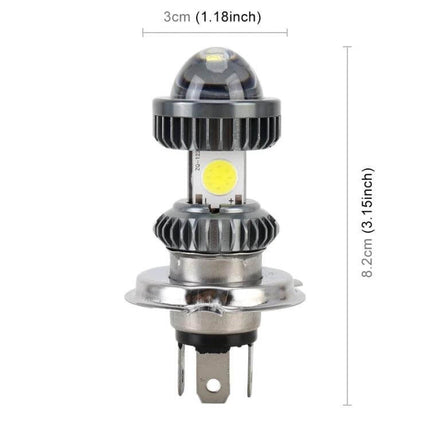 White H4 LED Headlight for Motorcycles and Scooters - compact 6000K 500lm bulb with cooling fins, 3cm x 8.2cm for improved low-light motorcycle and scooter visibility