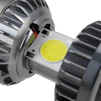 White H4 LED Headlight for Motorcycles and Scooters - close-up of 6000K LED chip, aluminum heat sink and cooling fan for improved visibility and energy efficiency