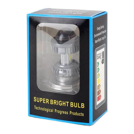 White H4 LED Headlight for Motorcycles and Scooters in retail packaging showing super bright bulb and 6000K white light