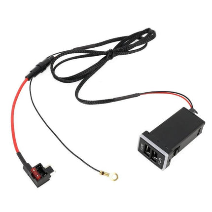 Toyota Car USB Charger With Ice Blue Light For Fast Charge - compact dual USB plug-in module with ice-blue LED status and braided wiring for 12V vehicles