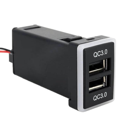 Toyota Car USB Charger With Ice Blue Light For Fast Charge - dual-port QC3.0 black PVC housing plug-in 12V vehicle fast charger