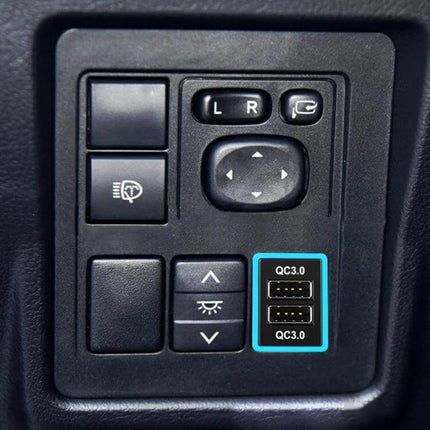 Toyota Car USB Charger With Ice Blue Light For Fast Charge installed in vehicle dash showing dual QC3.0 USB ports and ice-blue LED indicator