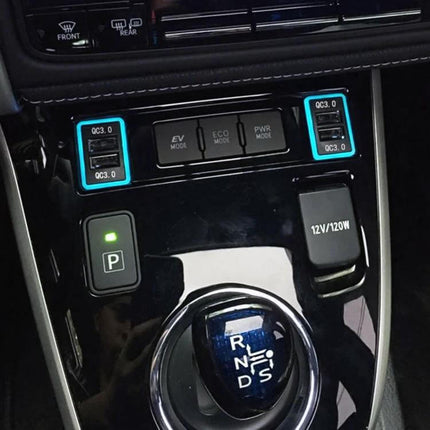 Toyota Car USB Charger With Ice Blue Light For Fast Charge plugged into Toyota center console 12V port showing ice-blue LED and dual QC3.0 USB ports