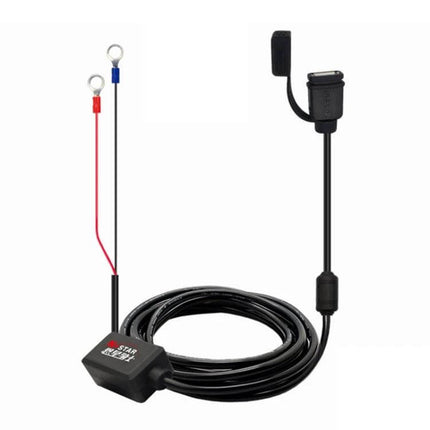 Waterproof Quick-Charging USB Adapter for Motorcycle Phones with 2.27m Cable - black waterproof adapter with long coiled cable and ring terminals