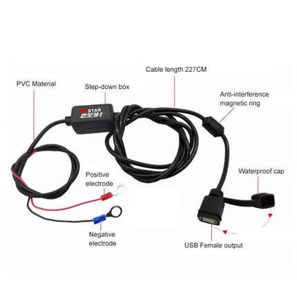 Waterproof Quick-Charging USB Adapter for Motorcycle Phones with 2.27m Cable - waterproof motorcycle phone charger with 2.27m cable and USB female output