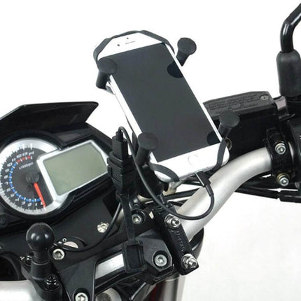 Waterproof Quick-Charging USB Adapter for Motorcycle Phones with 2.27m Cable mounted on motorcycle handlebar protecting phone during rainy rides