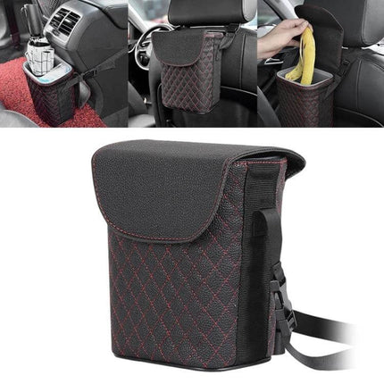 Car Back Seat Hook Trash Can for Organization and Storage - quilted black car trash bag attaches to headrest rod for drinks, snacks, and toys