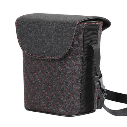 Car Back Seat Hook Trash Can for Organization and Storage - quilted black leatherette hanging car trash bin with strap