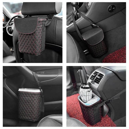 Car Back Seat Hook Trash Can for Organization and Storage - quilted black hanging car trash bin for drinks, snacks, toys and storage